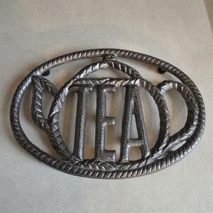 Oval Cast Metal Kitchen Trivet Teapot Shape and Wording Silver Antiqued Style